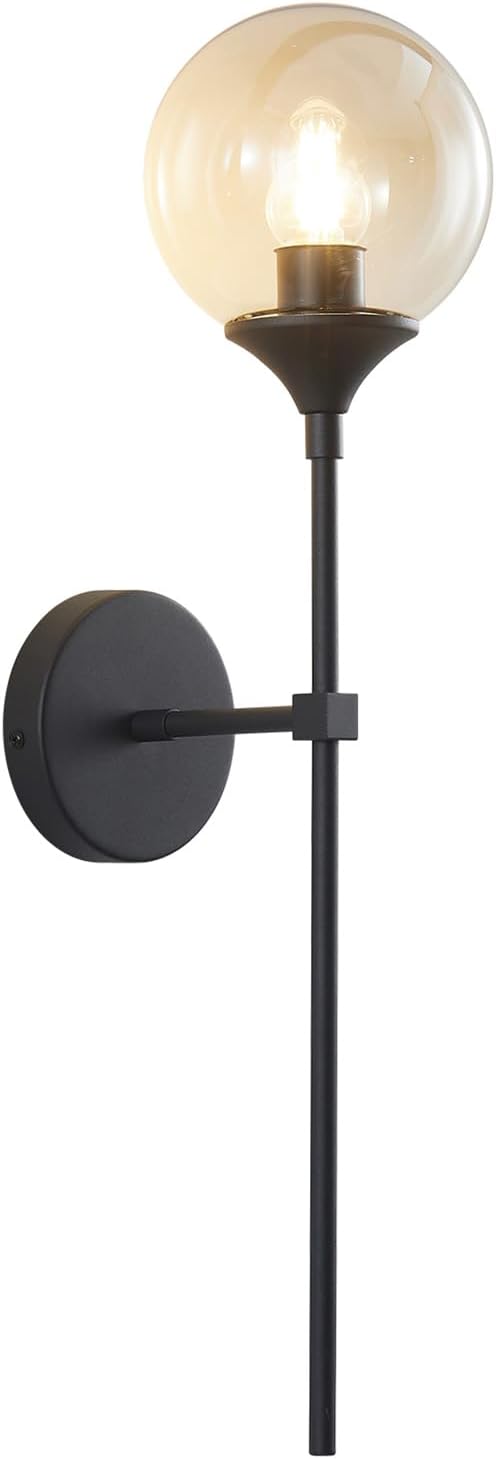 KCO Lighting Amber Glass Globe Wall Sconce Black Slim Long Arm Wall Lamp Mid