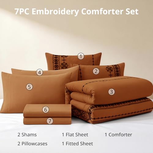 Full Size Comforter Set Embroidery Floral 7 Pieces Bed in a Bag
