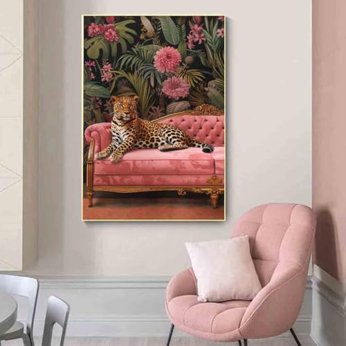 Trendy Cheetah Poster Wild Animal Pictures Dark Gothic Painting Panther on the Sofa Wall Art Fashion Cheetah Artwork 16x24inch no frame