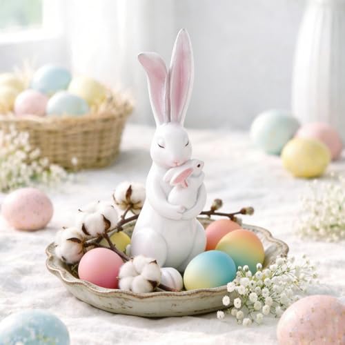 Easter Bunny Figurine Cartoon Cute Mother and Child Rabbit Desk Display Ornament Cute Rabbit Mom Holding a Little Rabbits Resin Easter Statue for Home and Office Tabletop Decor Supplies