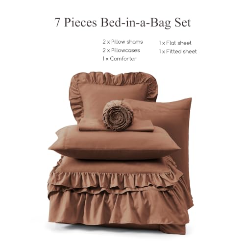 Queen Comforter Set Russet Ruffle 7 Pieces Farmhouse Bed in a Bag