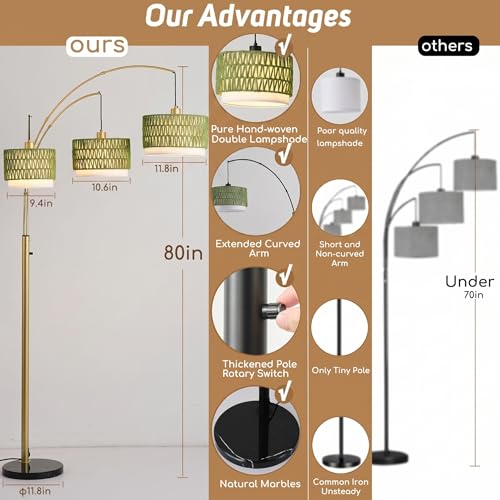 80'' Brushed Gold Rattan Arc Floor Lamp for Living Room (3 Count)