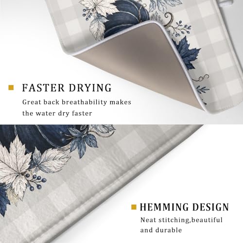 Fall Dish Drying Mat for Kitchen Counter Blue White Pumpkins Grey Plaid Super Absorbent Reversible Microfiber Kitchen Countertop Protector Dishes Pad Large 18x24 inch