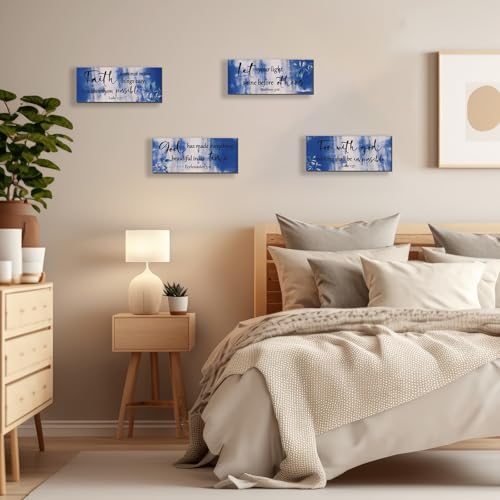 4 Pieces Blue Bathroom Decor Bible Verses Wooden Wall Decor Abstract Office Christian Religious Art for Women Office Home Bedroom Living Room Decoration (4 Count)