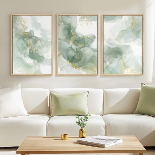 Large Framed Sage Green Gold Abstract Wall Art (3 Count)