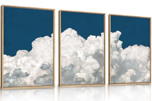 Large White Clouds Framed Canvas Wall Art Set Abstract Navy Blue Sky Natural Wall Decor Minimalist Modern Painting Artwork for Livingroom