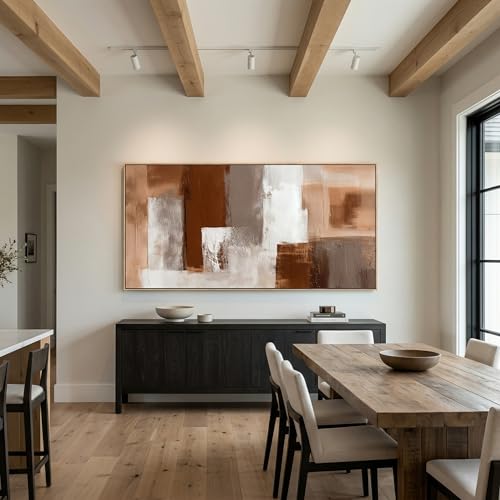 Large Abstract Wall Art 24x48 Inch Brown White Gray Framed Canvas Print Painting Modern Neutral Tone Artwork for Living Room Sofa Bedroom Waterproof & Fade Resistant Wood Frame Decor Ready to Hang