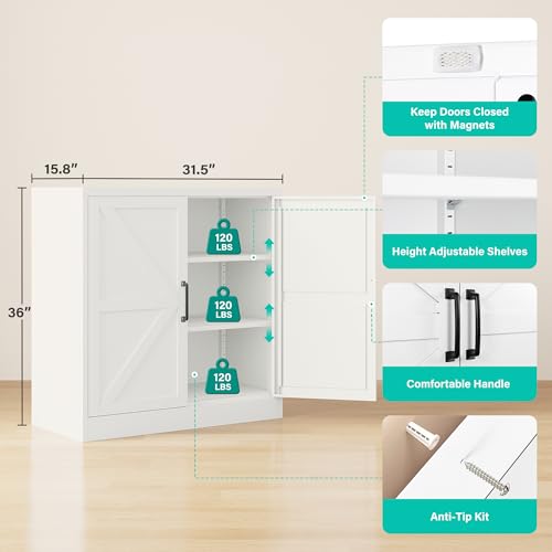 White Storage Cabinet with Doors and Adjustable Shelves