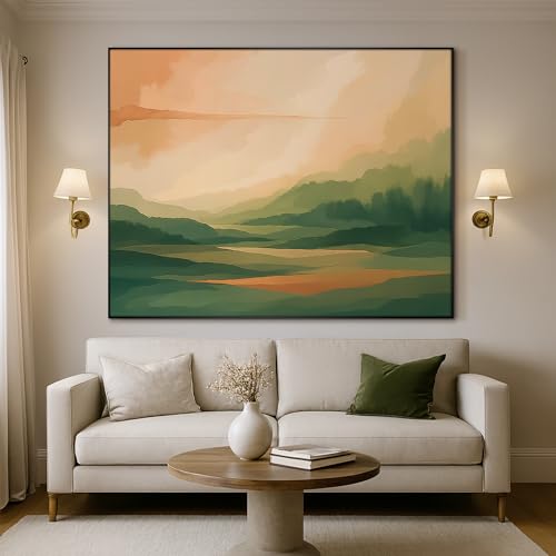 60"x72" Extra Large Framed Wall Art Serene Green Mountains Horizon Landscape Illustration for Home Living Room Bedroom Decor