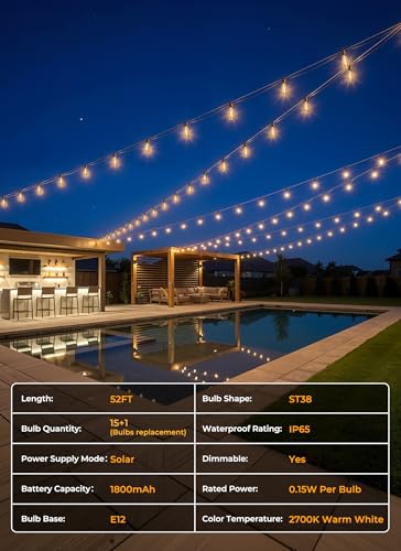 52FT Solar String Lights Outdoor Waterproof (52 Foot)