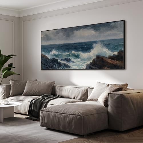 36"x72" Extra Large Framed Wall Art Rocky Seashore with Crashing Waves and Moody Sky for Home Living Room Bedroom Decor