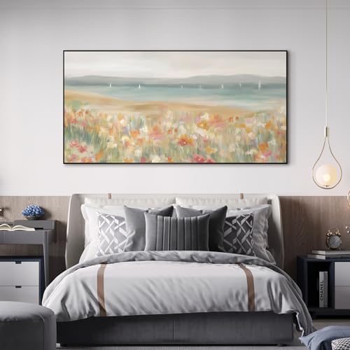 36"x72" Extra Large Framed Wall Art Coastal Flower Field with Sailing Boats Serene Landscape Illustration for Home Living Room Bedroom Decor