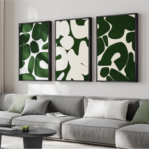 Large Framed Green White Abstract Wall Art for Living Room
