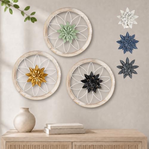 3 Piece Round Farmhouse Wall Decor with 6 Piece Interchangeable Flowers 15.75'' Medallion Wood & Metal Rustic Wall Art for Living Room Bedroom Kitchen Bathroom Dining Room Home Decorations