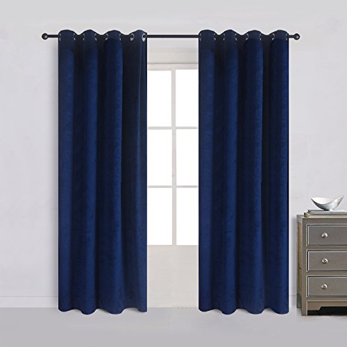 Set of 2 Velvet Flannel Room Darkening Blackout Curtains Panels Drapes Grommet 52 Wide by 108 Long Navy Royal Blue for Living Room (2 Count)