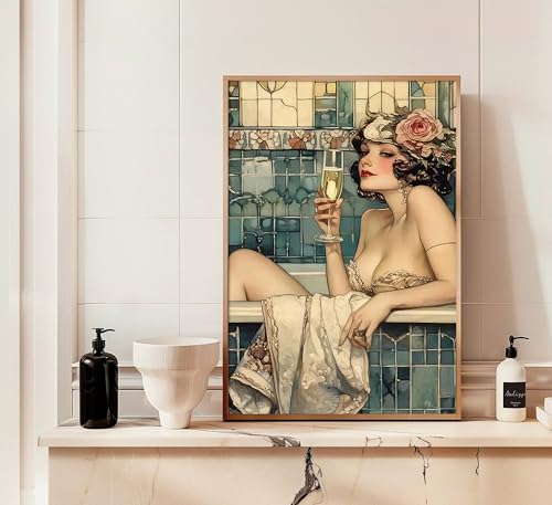 Vintage Bathroom Canvas Wall Art Victorian Funky Woman in Bathtub Picture Wall Decor Trendy Champagne Bar Cart Decor Painting Poster Print for Bathroom Toilet Bar Home Decor