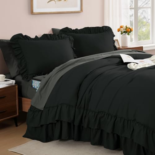 Full Size Comforter Set Black Ruffle 7 Pieces Farmhouse Bed in a Bag