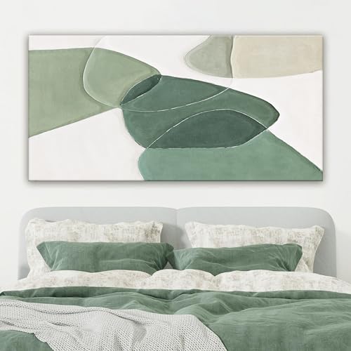 Modern Wall Art Large Green And White Geometric Color Block Line Wall Painting Artwork Canvas Simple Picture Textured Artwork For Living Room Bedroom Office Home Decor 29"X 58"