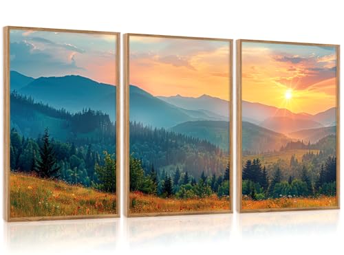 3 Pcs Mountain Sunset Framed Canvas Wall Art 24x36 Inch