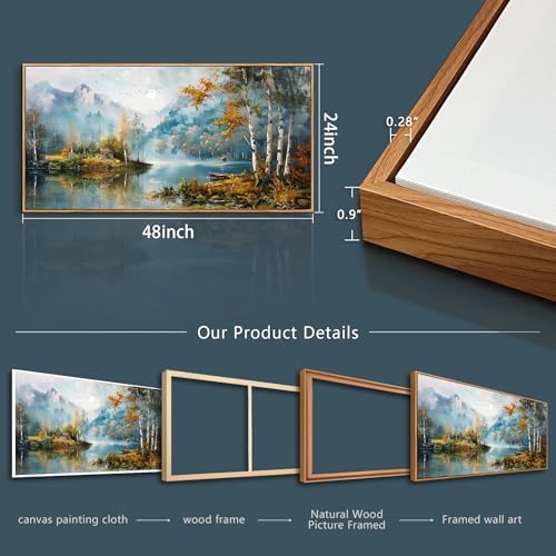 Large Wood Framed Wall Decor For Living Room Canvas Wall Art For Office Modern Wall Decorations For Bedroom Lake View Painting Tree Forest Pictures Artwork Room Home Decor 24x48 In