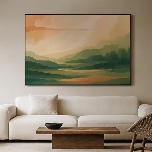 46"x72" Extra Large Framed Wall Art Serene Green Mountains Horizon Landscape Illustration for Home Living Room Bedroom Decor