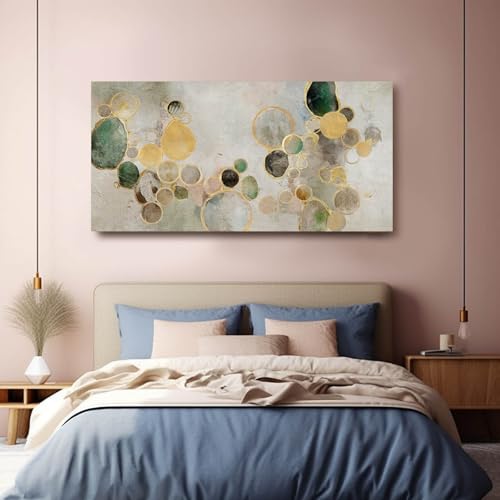 Large Abstract Canvas Wall Art Green and Gold Decorative Painting 29"x58" Picture Prints Colorful Canvas Wall Art for Kitchen Office Bedroom