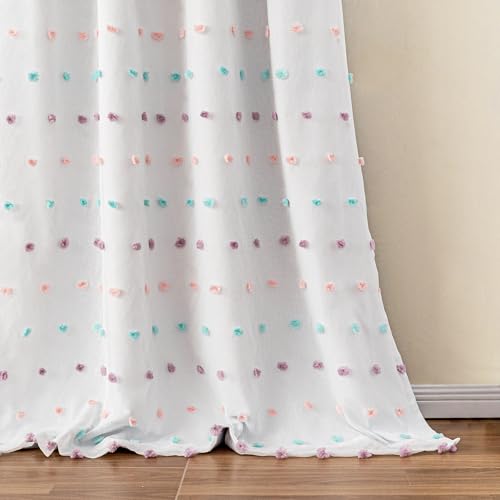 100% Blackout Curtains for Living Room 102 Inch White Curtains Extra Long Total Light Block Girls Room Drapes Thermal Insulated Room Darkening Rainbow Pom Pom Sheer Grommet 2 Pieces 50 Wide (2 Count)