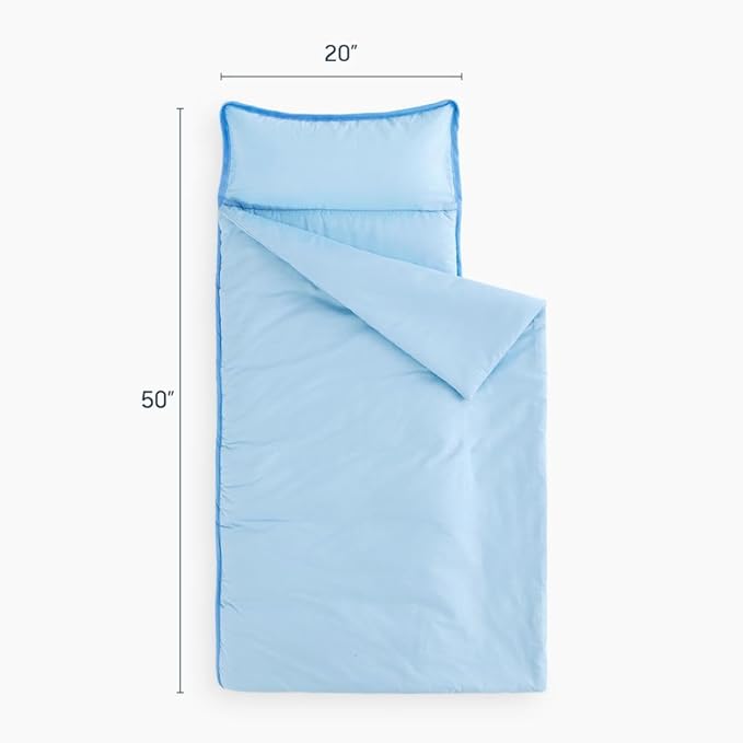 Wake In Cloud - Toddler Nap Mat with Pillow and Blanket, for Kids Boys Girls in Kindergarten Daycare Preschool Pre K, Roll Up Sleeping Bag, Solid Color, Light Blue, Standard