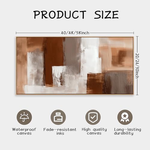 Large Abstract Wall Art 24x48 Inch Brown White Gray Framed Canvas Print Painting Modern Neutral Tone Artwork for Living Room Sofa Bedroom Waterproof & Fade Resistant Wood Frame Decor Ready to Hang