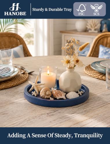 Navy Blue Round Decorative Trays for Coastal Coffee Table Decor