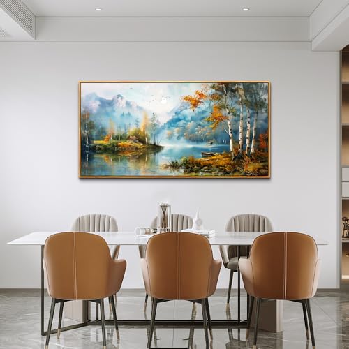Large Wood Framed Wall Decor For Living Room Canvas Wall Art For Office Modern Wall Decorations For Bedroom Lake View Painting Tree Forest Pictures Artwork Room Home Decor 24x48 In