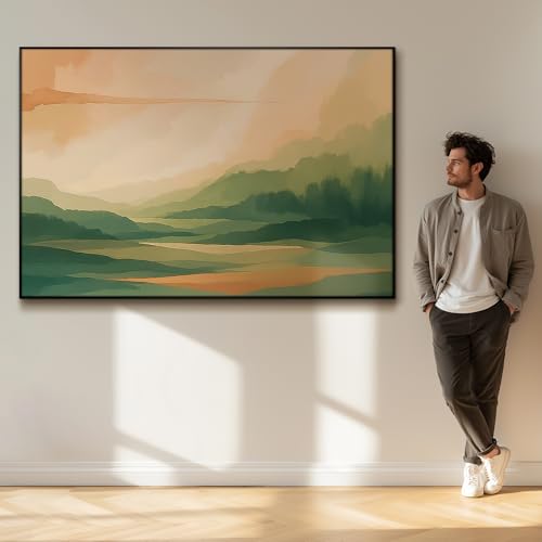 46"x72" Extra Large Framed Wall Art Serene Green Mountains Horizon Landscape Illustration for Home Living Room Bedroom Decor