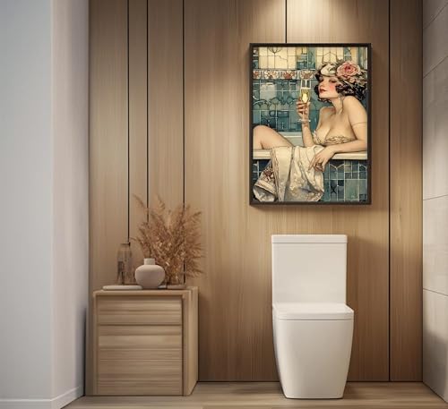 Vintage Bathroom Canvas Wall Art Victorian Funky Woman in Bathtub Picture Wall Decor Trendy Champagne Bar Cart Decor Painting Poster Print for Bathroom Toilet Bar Home Decor