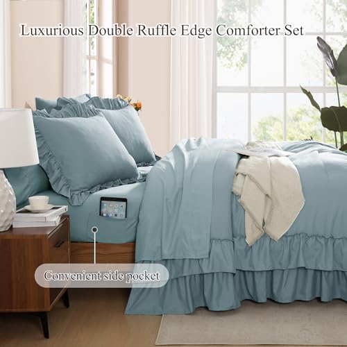 King Size Comforter Set Dusty Blue Ruffle 7 Pieces Farmhouse Bed in a Bag