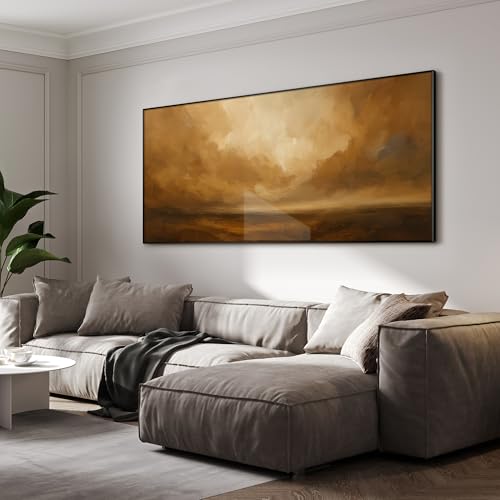 24"x46" Extra Large Framed Wall Art Golden Horizon Abstract Landscape Warm Brown and Amber Sky Illustration for Home Living Room Bedroom Decor