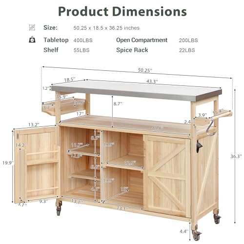 50.25" Outdoor Kitchen Island with Rolling Bar Cart & Storage Cabinet