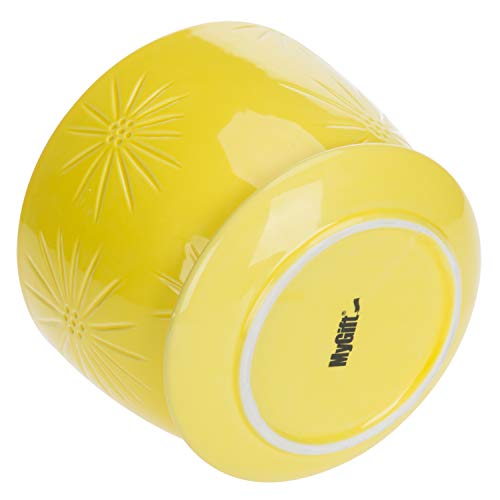 7 Inch Yellow Ceramic Planter Pot with Sunburst Design & Saucer