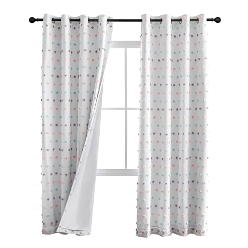 Total Blackout Curtains for Kids Bedroom 80 Inch Long 100% Light Blocking Curtains for Living Room 2 Panels Room Darkening Grommet Double Layer Drapes with Rainbow Pom Pom Sheer 50W x 80L