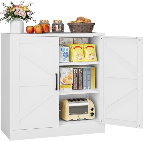 White Storage Cabinet with Doors and Adjustable Shelves
