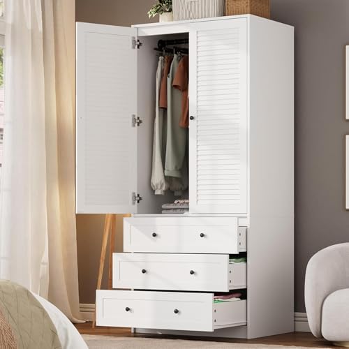 70" Wardrobe Armoire Wooden Closet with 3 Drawers