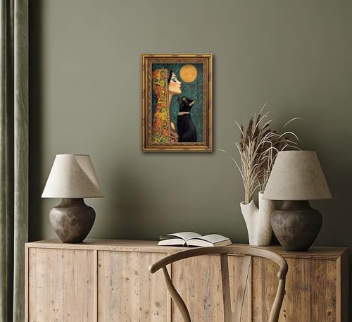 Vintage Gold Framed Boho Wall Art Moonlit Elegant Woman and Black Cat Painting Canvas Prints Gothic Dark Academia Moon Poster Bohemian Mystical Picture Artwork for Bedroom Living Room Home Décor