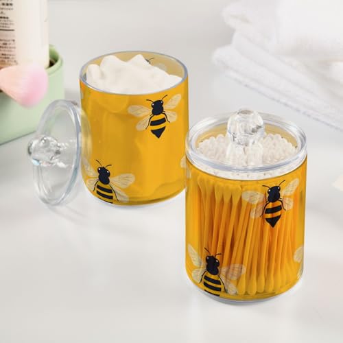 2 Pack Qtip Holder Organizer Dispenser Bees Yellow Pattern Bathroom Storage Canister Cotton Ball Holder Container for Cotton Pads (2 Count)
