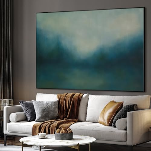 36"x46" Extra Large Framed Wall Art Misty Blue Landscape Abstract Ocean and Sky Illustration for Home Living Room Bedroom Decor