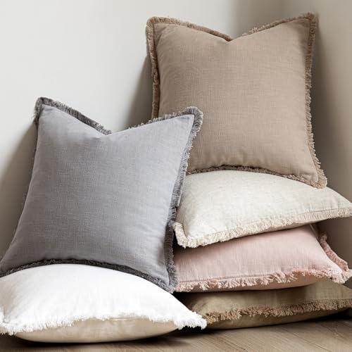 Decorative Linen Fringe Throw Pillow Covers 20×20 Inch (2 Count)