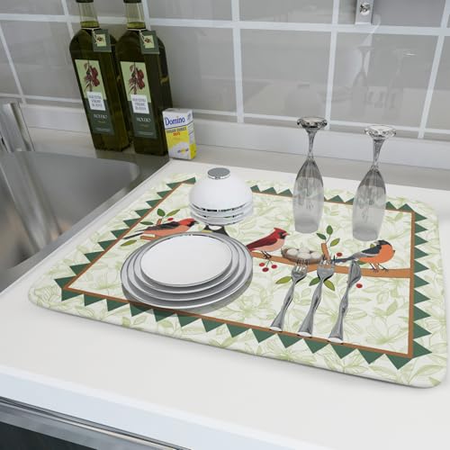 Spring Dish Drying Mat for Kitchen Counter Cute Bird Summer Super Absorbent Reversible Microfiber Kitchen Countertop Protector Dishes Pad Large 18x24 inch
