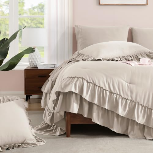 Full Size Comforter Set Beige Ruffle 7 Pieces Farmhouse Bed in a Bag