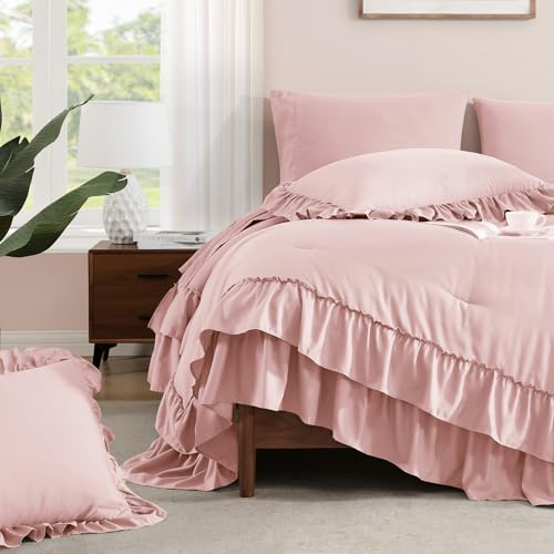 Twin XL Comforter Set Soft Pink Ruffle 5 Pieces Bed in a Bag for Dorm