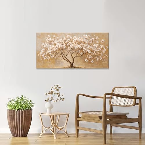 Canvas Wall Art Decor Beige Magnolia Tree of Life Canvas Art Wall Decor For Living Room Modern Tree Nature Botanical Canvas Prints White Flower Wall Art Decor For Bedroom Home Office Decor 20"×40"