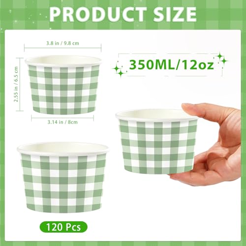 Greencian 120Pcs 12oz Gingham Ice Cream Cups for Hot or Cold Food