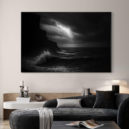 46"x72" Extra Large Framed Wall Art Dramatic Black and White Ocean Waves with Cliff and Stormy Sky for Home Living Room Bedroom Decor